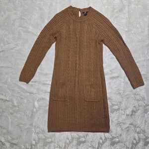 H&M Camel Brown Long Sleeve Chunky Cable Knit Knee Length Dress Pockets Small